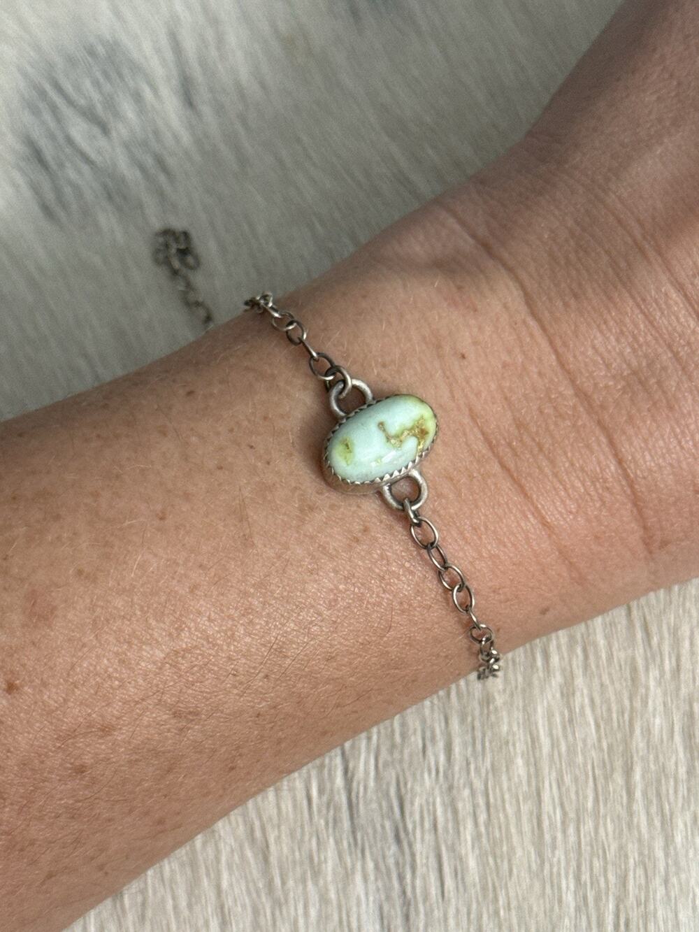 Sterling Silver Green Palomino Turquoise Oval Single Stone 8” Stacker Bracelet